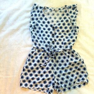 LOFT Linen Romper with Blue Floral Shibori Style Print Size 6 Petite